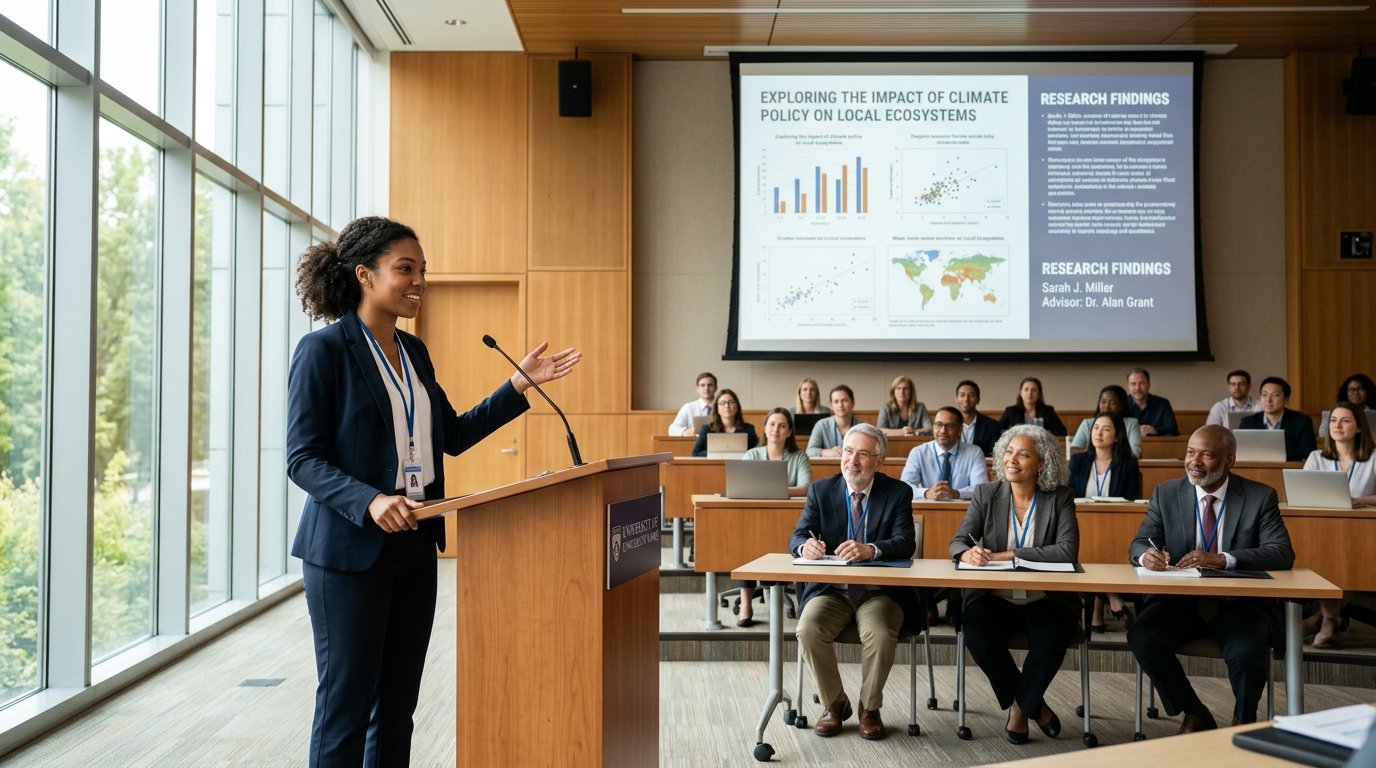 Student giving thesis presentation at university conference
